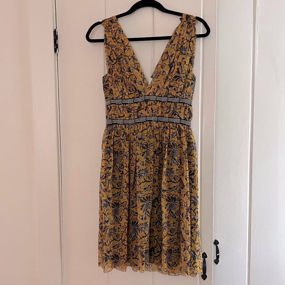 Isabel Marant Etoile Balzan Floral Print Yellow Silk Knee Length V-Neck Dress